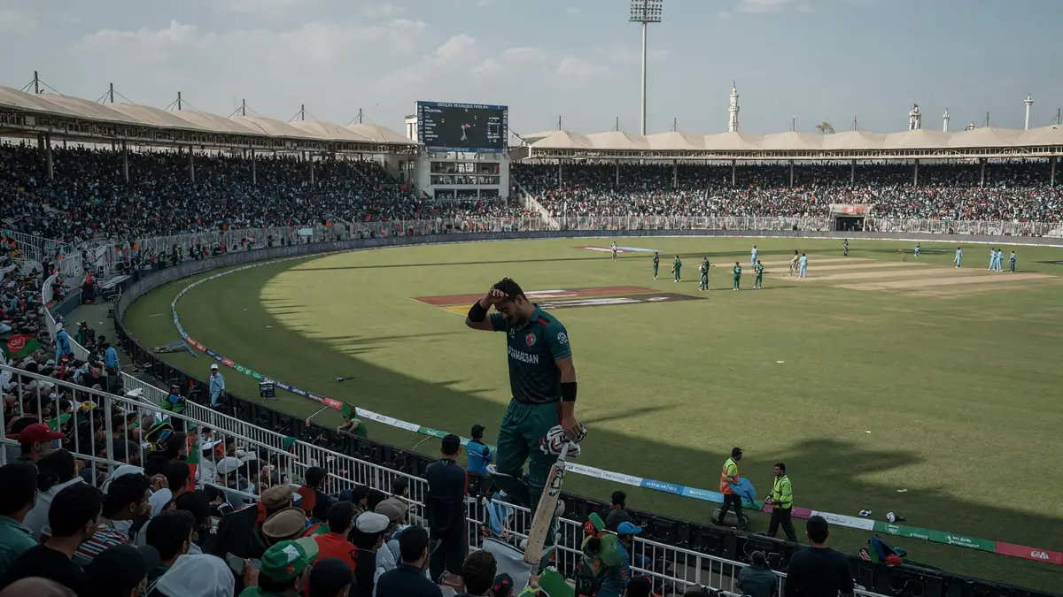Cricketer in a green Afghanistan jersey stands on the boundary with bat in hand and one hand on his head, packed stadium stands and a match in progress on the outfield behind him