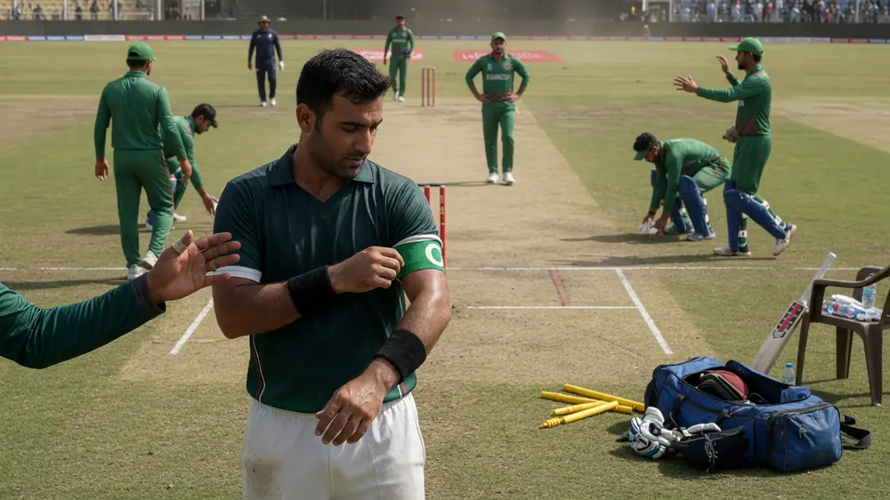 Cricketer in a dark green polo and white trousers adjusts a green captain's armband on his left arm on the outfield while teammates warm up near the pitch behind him