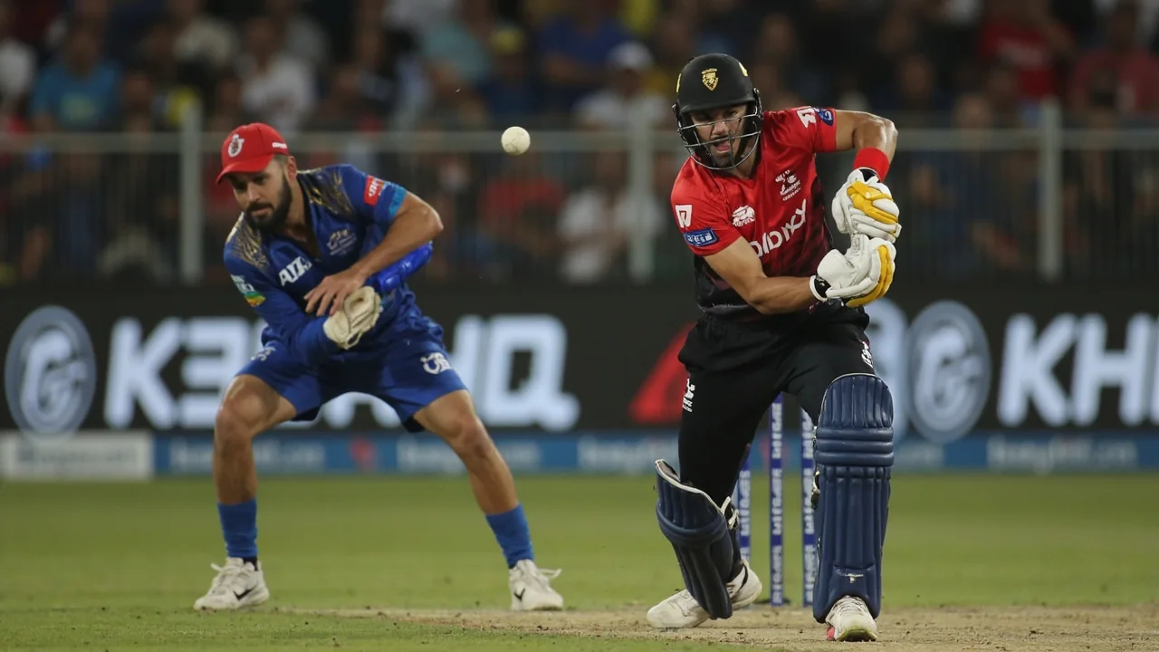Tight sideline action frame from a floodlit cricket match, showing a player in batting stance at the crease with the bowler in the delivery stride