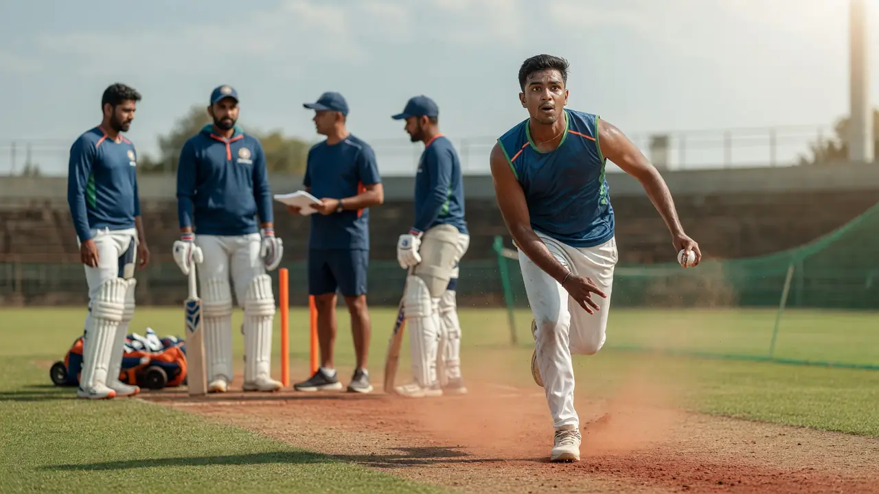 Close sideline frame of a batter driving through the off side during a day-night limited-overs match