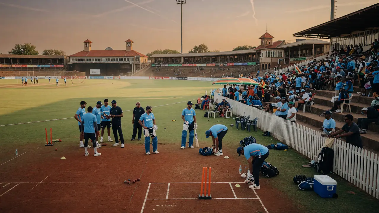 Wide afternoon view of a packed international cricket ground with the square lit and stands filled under a clear sky