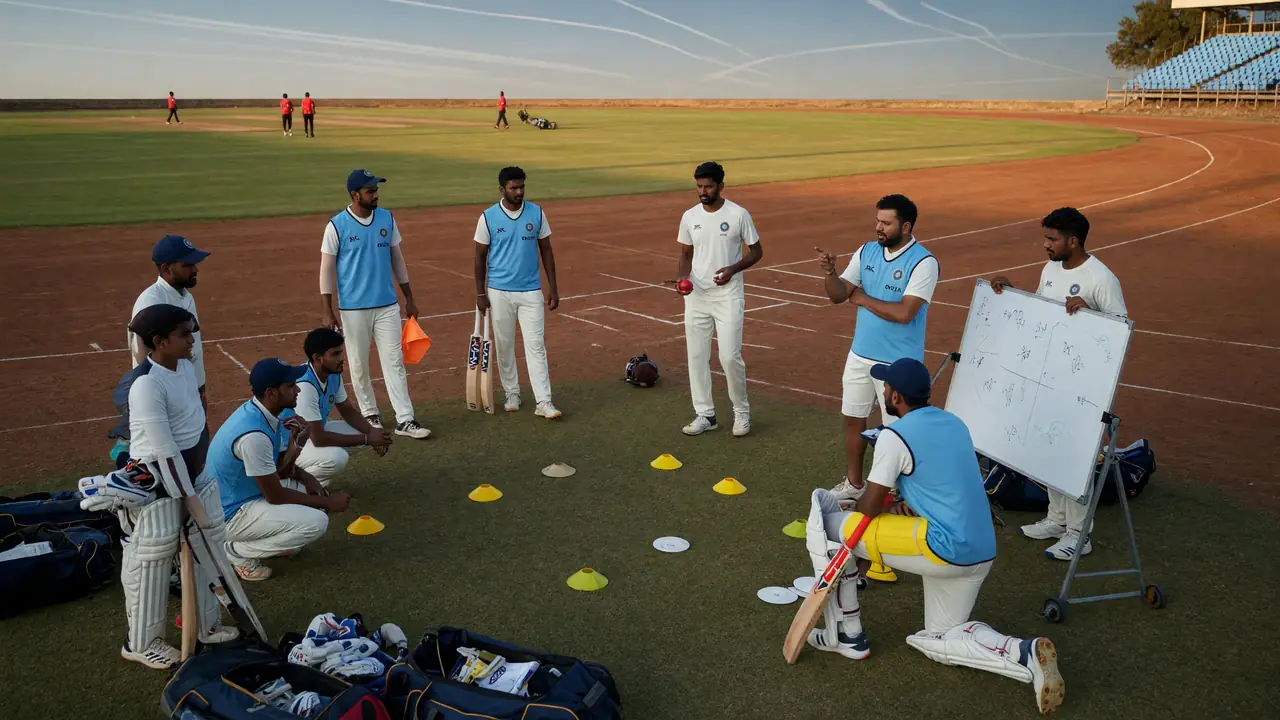 Medium shot of fielders adjusting an attacking ring on a green outfield during a limited-overs match