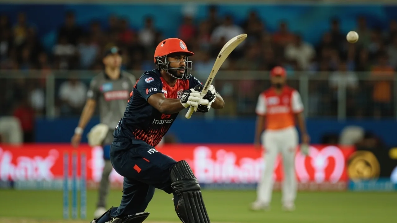 A night-innings action shot of a batsman playing a shot under floodlights at an Indian cricket ground, captured from a tight sideline angle