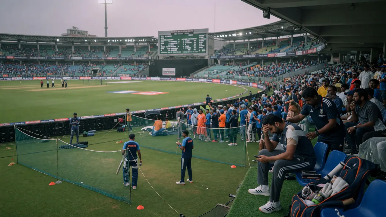 Wide daylight view of an international cricket ground with a green outfield, packed stands and a clear match-day sky