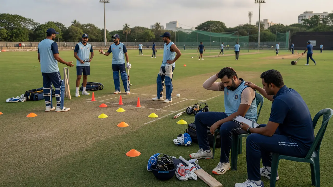 Medium tactical scene of fielders and a bowler setting positions on a sunlit cricket outfield during a professional match