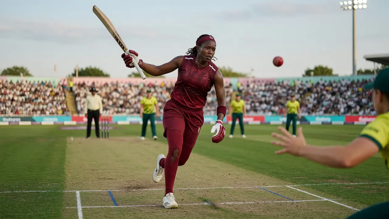 Close sideline frame of a batter playing a firm drive through the off side during a women's T20 match