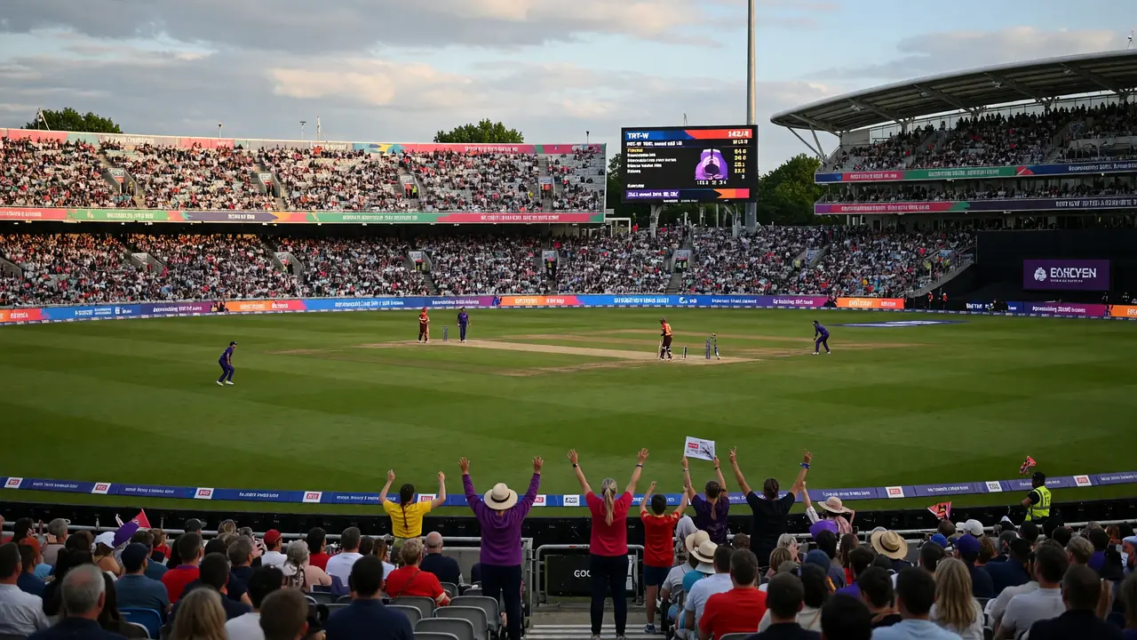 Wide view of a packed cricket ground with the square lit under afternoon light and spectators filling the stands